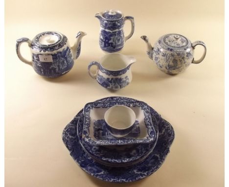 A group of George Jones Abbey tea ware company teapot, hot water jug, shredded wheat dish - a/f, four tea plates, milk jug an