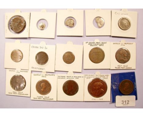 A quantity of coins and tokens including Geo V 25th year of Reign, halfpenny token Wicklow 1789, Geo III halfpennies, 1774, 1