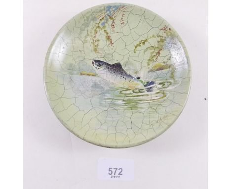 A painted wooden small bowl with leaping salmon, signed W H Austin (possibly Worcester artist)  - 14cm diameter 