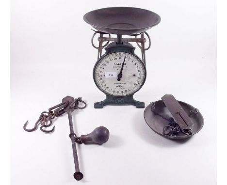 A set of Salter scales to weigh up to 28lbs, a Salter spring balance and a set of sack scales 
