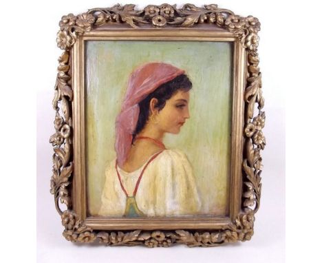 An oil on board Italian portrait of a young girl in ornate gilt floral moulded frame