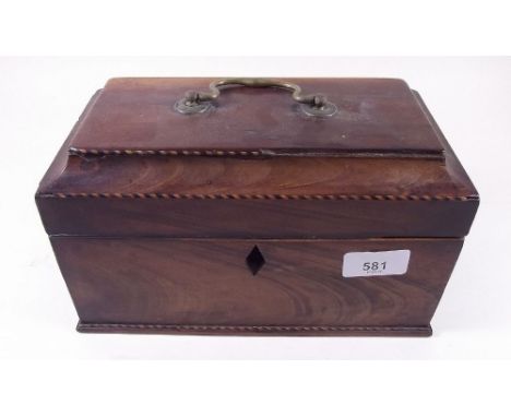 A Georgian mahogany tea caddy with chevron edging 