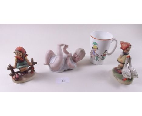 Two Hummel figures-: Goose Girl and girl on a fence plus a piano baby and Shelley Mabel Lucy Attwell nursery cup 