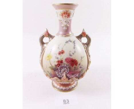 A Royal Worcester two handled vase painted flowers on a cream ground No. 1553, 1902 - 15cm, restored 