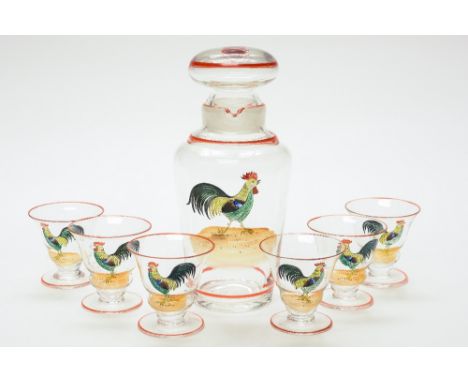 An Art Deco enamelled glass cocktail set, circa 1930s, probably Bohemian, including  shaker and six glasses, each with enamel