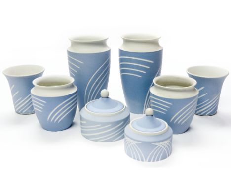 A collection of six modernist Wedgwood trial vases, circa 1988, incised blue Jasperware, various shapes including pairs of va