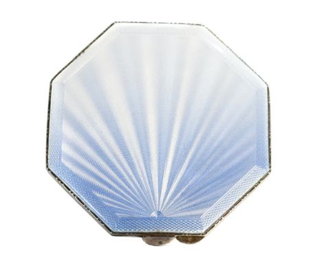 An Art Deco style silver and enamel compact, octagonal form with graduated pale blue engine turned sunburst decoration, Lanso