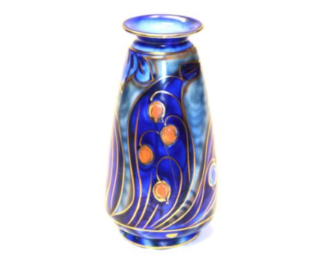 William Adams for Burleigh Ware, an art pottery vase, circa 1930, bulbous form with stylised leaf design highlighted in gilt,