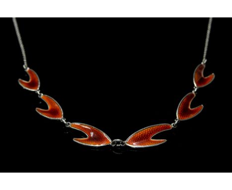 Karl A Rasmussen, a Norwegian silver and enamelled necklace, abstract orange enamel links on a fine chain, 45cm long