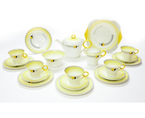 An Art Deco Shelley Yellow Block pattern Regent part tea set, decorated with grey and yellow concentric banding, including te