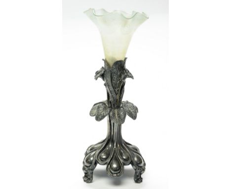 An Art Nouveau silver plate and opalescent glass vase, circa 1900, the stand with stylised teardrops below a realistically mo