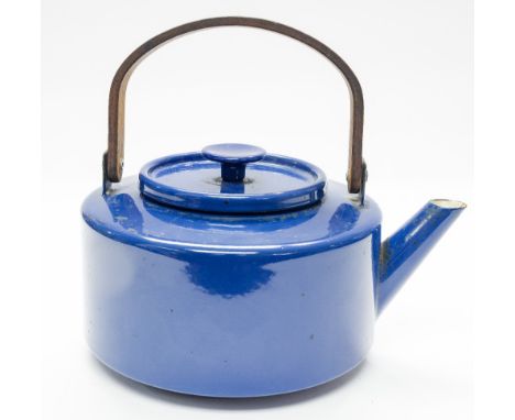 Michael Lax for Copco, an enamelled kettle, circa 1960s, blue enamel with wooden handle