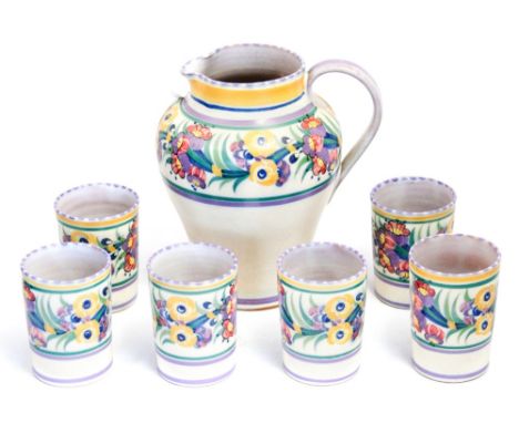 Carter, Stabler and Adams, a Poole pottery lemonade set, EE pattern, including jug and six beakers, painted by Vera Bridle, s