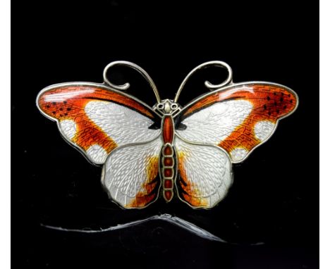 Hroar Prydz, a Norwegian silver gilt and enamelled butterfly brooch, orange and white enamel over a realistically engraved gr