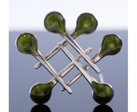 Aksel Holmsen, a Norwegian silver and enamel brooch, circa 1970, green enamelled cross hatch design, marked, 925, 4.5cm diame