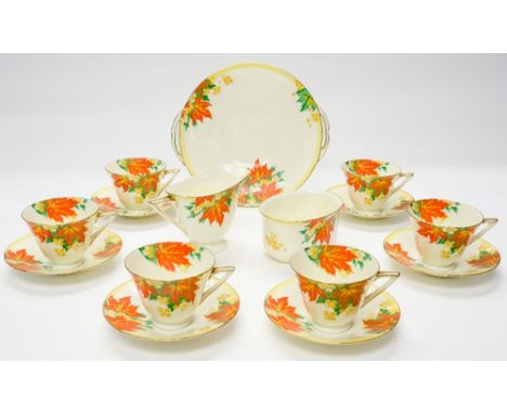 A Royal Doulton Art Deco maple leaf tea set, including six cups and suacers, tea plate, sugar bowl and jug, Rd 776716, V1459 