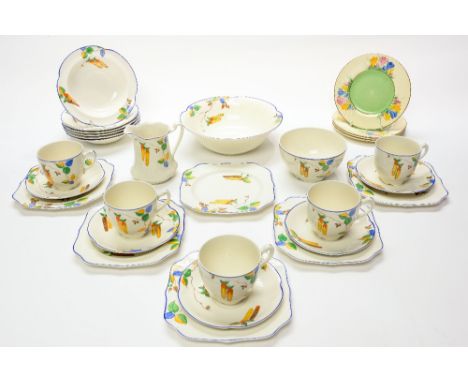 An Art Deco part breakfast set, Woodland by Johnson Bros, including bowls, cups, saucers, plates etc., decorated with stylise