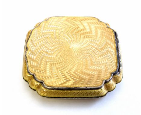 An Art Deco enamelled silver compact, square form with scalloped corners, golden zig-zag starburst guilloche enamel decoratio