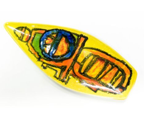 A Poole Pottery Delphis charger of arrowhead form, circa 1970, probably painted by Carole Holden, monogram to the reverse, 43