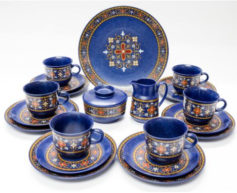 A West German tea set, circa 1960, blue with Bavarian style transfer decoration of stylised flowers, including cups, saucers,