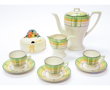 A Myott Art Deco coffee set, green and yellow check patter, including coffee pot, milk jug, three cups and saucers, together 