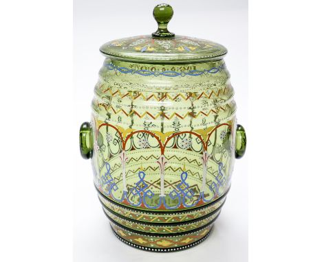 A Bohemian enamelled glass biscuit barrel, late 19th or early 20th century, green with polychrome enamel arcading between geo