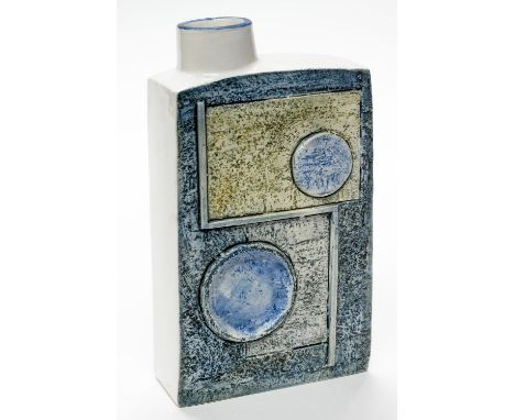 Theo Bernatowitz for Troika, an art pottery flask or chimney vase, circa 1974, rectangular form with off-centre nozzle, relie