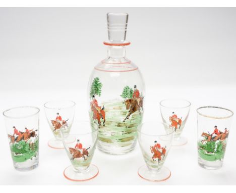 An Art Deco Stuart enamelled glass liqueur set, Hunting pattern, circa 1935, each glass with an enamel horse and rider, the o