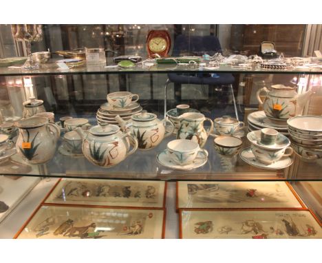Alan Caiger Smith for Aldermaston, an extensive studio pottery breakfast set including teapots, plates, cups, saucers, egg cu