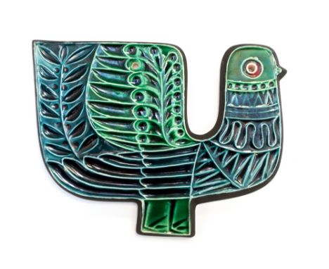 Robert Jefferson for Poole, a ceramic plaque in the form of a bird, circa 1960, raised detailing with green and blue glazes, 