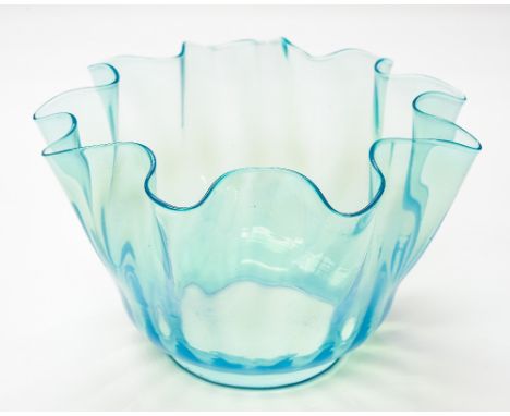 An Arts and Crafts blue opal glass light shade, circa 1900, crimped form, 10cm opening, 22cm diameter