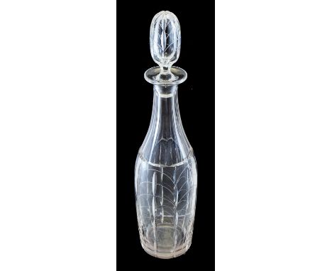 Clyne Farquharson for John Walsh Walsh, a Kendal glass decanter, bowling pin form with hollow stopper, cut and engraved with 