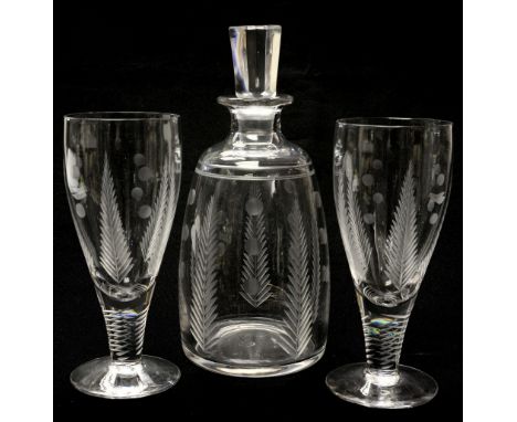 A Stuart, Woodchester pattern decanter and two lemonade glasses, engraved with leaf and dot design (3)