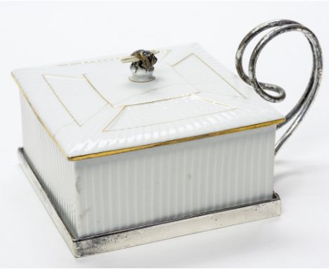 An Asprey and Co. and Royal Doulton, silver plated and ceramic honey pot, the square section porcelain vessel and cover with 