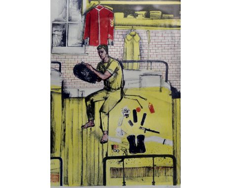 John Minton (1917-1957), Horseguards in their Dressing Rooms at Whitehall, colour lithograph, 1953, signed, published by the 