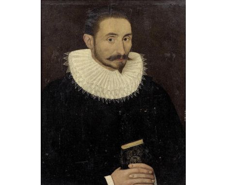 Workshop of Lorenz Strauch (Nuremberg 1554-1630)Portrait of a gentleman, half-length, in black costume and holding a Bible oi