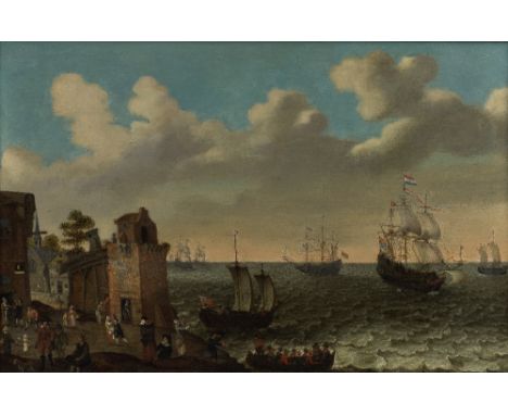 Attributed to Isaac Willaerts (Utrecht 1620-1693)Shipping in rough seas with figures in a coastal town oil on canvas65.5 x 98