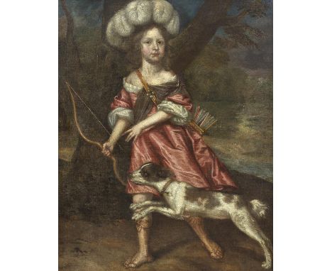 Follower of Charles d'Agar (Paris 1669-1723)Portrait of a young child as Diana, full-length, with her dog in a river landscap