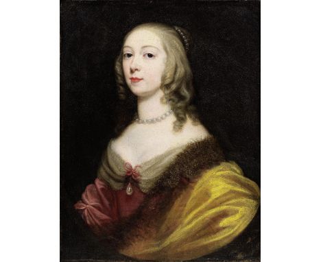 Follower of Gerrit van Honthorst (Utrecht 1590-1656)Portrait of a lady, half-length, in a red dress with a gold, fur-trimmed 