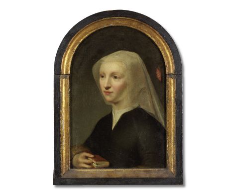 Dutch School, 17th CenturyPortrait of Cornelia Schoor (d. 1487), half-length, holding books oil on panel, shaped top45.5 x 33