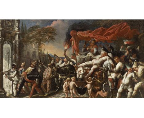 Florentine School, late 17th CenturyThe Triumph of Pulcinella with other figures from the Commedia dell'arte oil on canvas50.