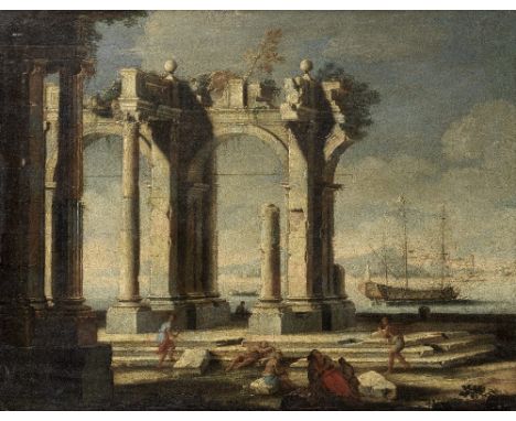 Attributed to Gennaro Greco, called Il Mascacotta (Naples 1663-1714 Nola)An architectural capriccio with figures before a har