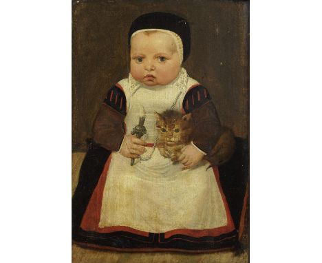 Follower of Adriaen van der Linde (Bruges circa 1560-1609)Portrait of a child, full-length, holding a cat and a rattle indist