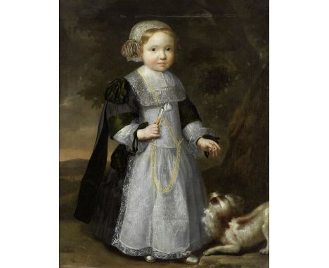 Anglo-Dutch School, 17th CenturyPortrait of a child, full-length, holding a rattle and a dog indistinctly signed 'FVC***l**/ 