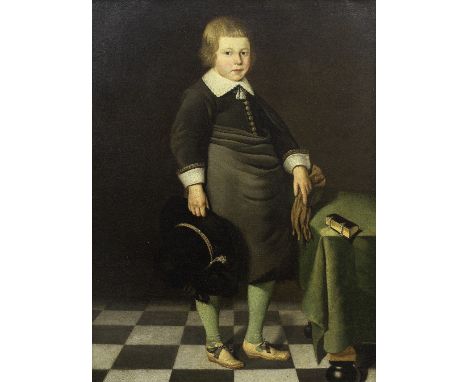Attributed to Hendrick Berckman (Klundert 1629-1679 Middleberg)Portrait of a boy, full-length, holding his hat and standing b