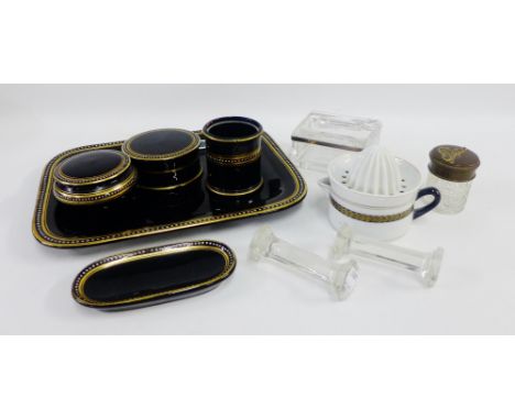 Mixed lot to include a silver mounted glass trinket box, glass knife rests and pins box, together with black glazed dressing 