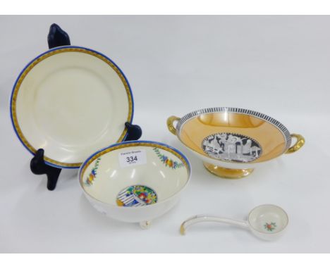 Noritake Art Deco bowl and sauce ladle with saucer dish together with an orange lustre twin handled bowl (a lot) 