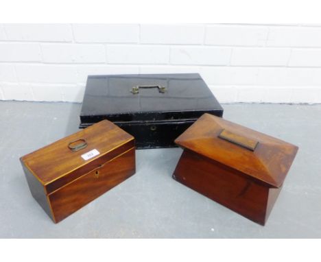 Two 19th century mahogany caddy boxes together with a black tin box, (3) 
