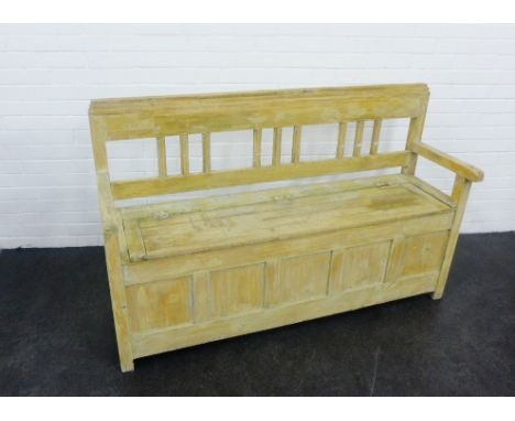 Light oak Monks style bench with storage trunk under seat, 98 x 250cm