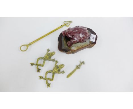 Hardstone model of a Frog, an ashtray, two brass Frog's, a toasting fork etc., (6) 